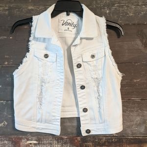 Distressed white jean vest